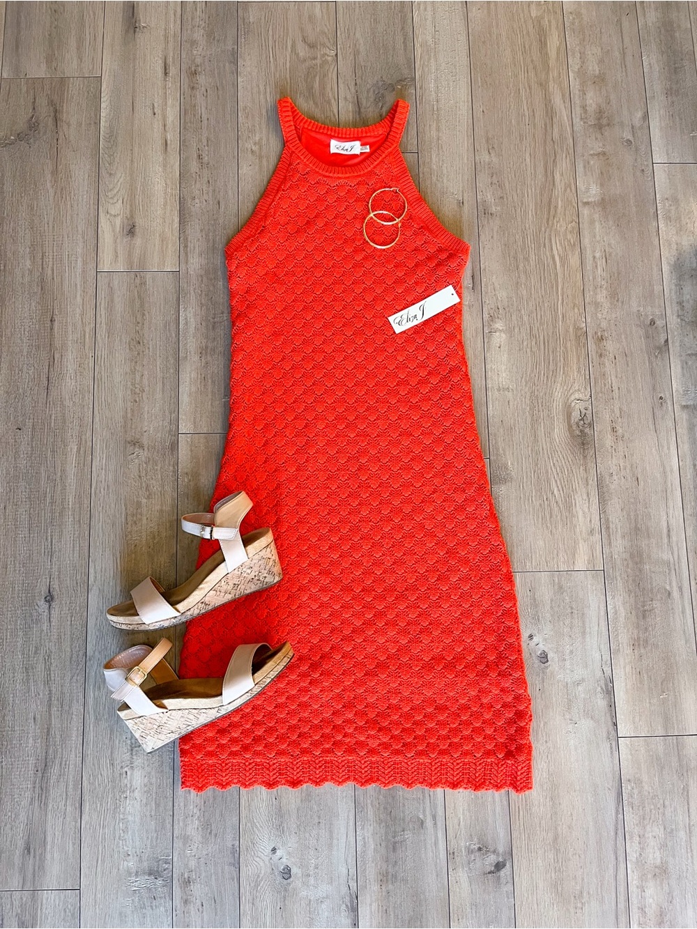 Eliza J Vibrant Orange Crochet Halter Midi Dress Women’s Medium - Picture 2 of 8